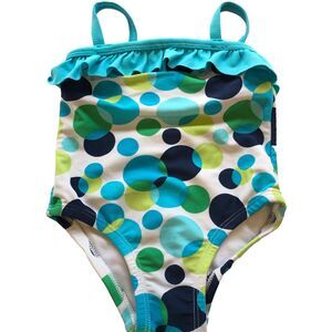 Size12mo Baby Bathing Suit One Piece Circo Ruffle Blue Green Polka Dot Swim Suit
